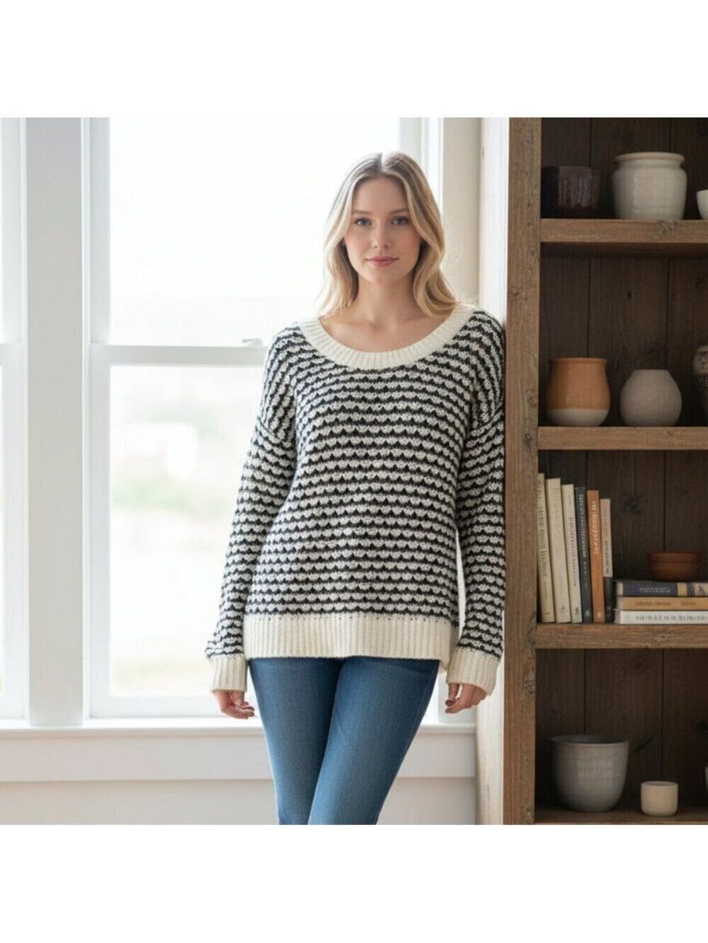 rag & bone  Crew Neck Loose Knit Grey & Cream Light Sweater Size M